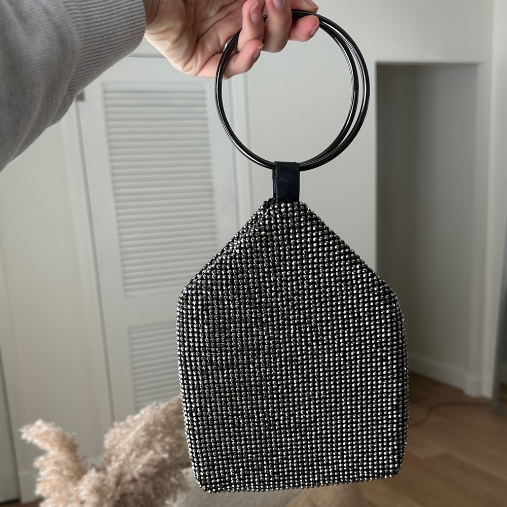 Black Rhinestone Ring Handle Clutch Bag Party